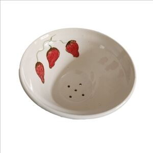 Vintage Wheel-thrown Ceramic Berry Strainer Bowl With Handpainted Strawberries